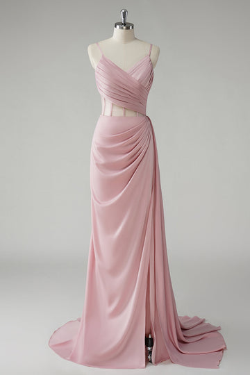 Blush Spaghetti Straps Corset Plissé Fourreau Robe De Soirée